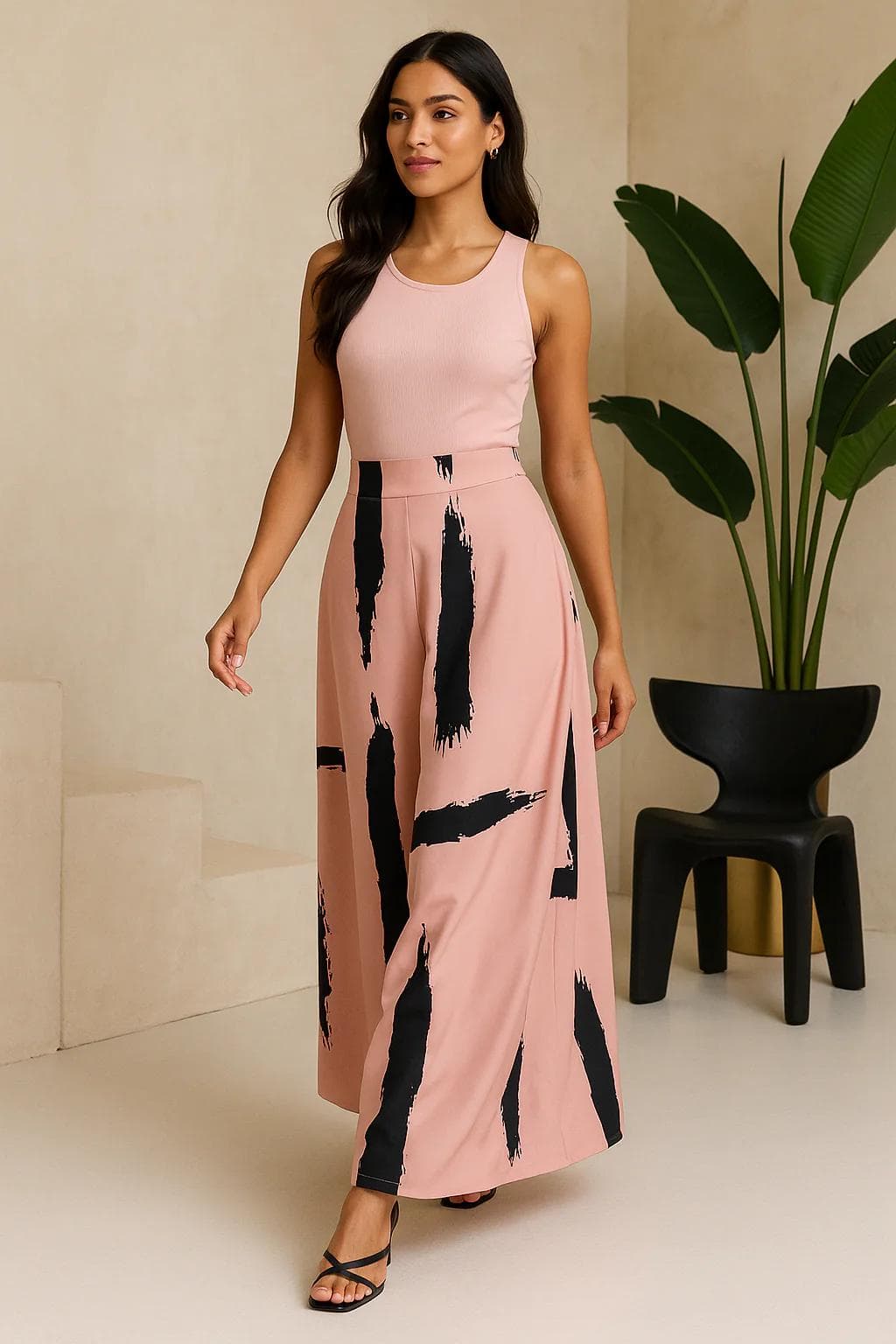 Beige Color Frock with line Pattern